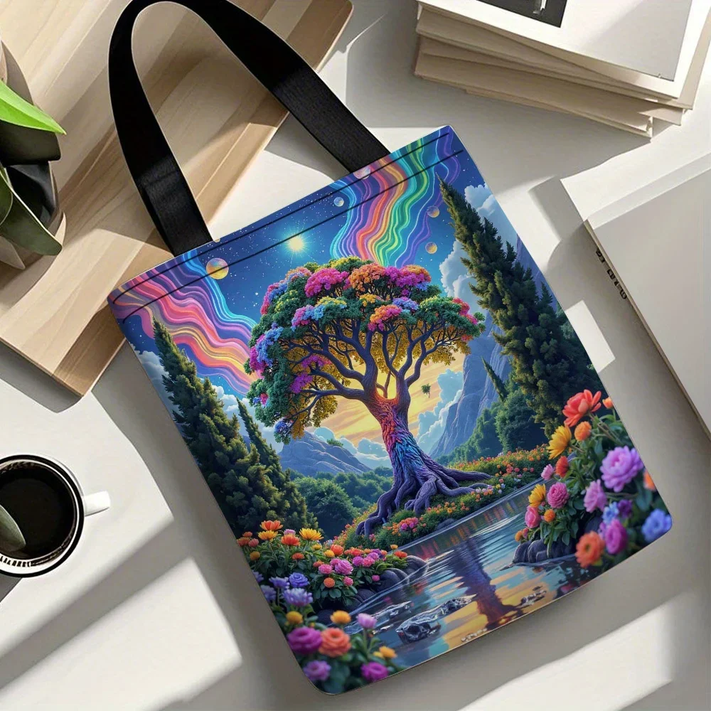 1pc Abstract Tree of Life Tote Bag Vibrant Cosmic Design Lightweight & Durable Polyester for School Shopping Storage Bag