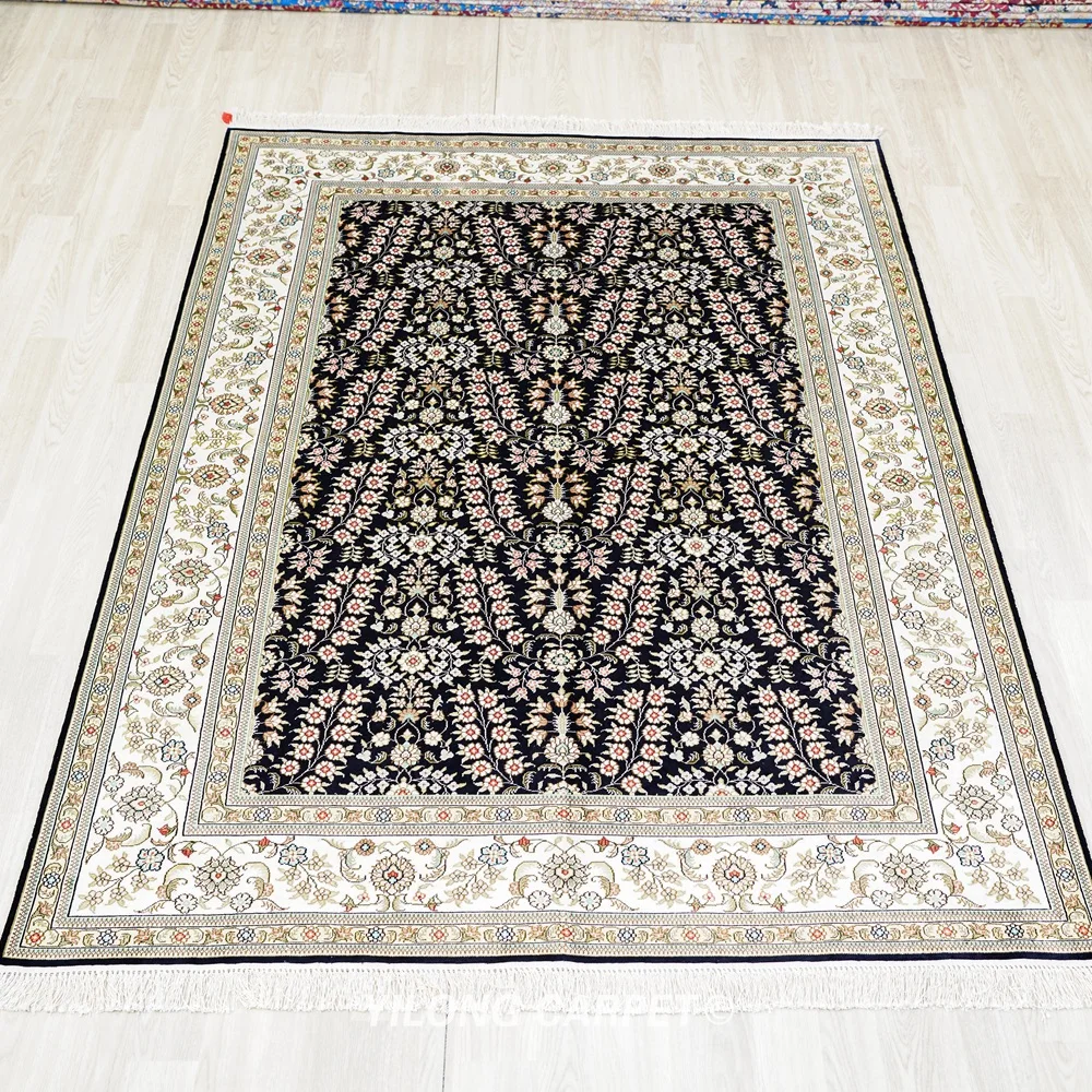 152x244cm Black And Beige Handmade Silk Handknotted Carpets And Rug (LH38B)