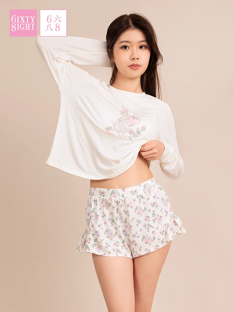 

Женский комплект для сна из модала: пижама с длинным рукавом и шортами, удобная, с круглым вырезом, с принтом, домашняя одежда из мягкого модального материала