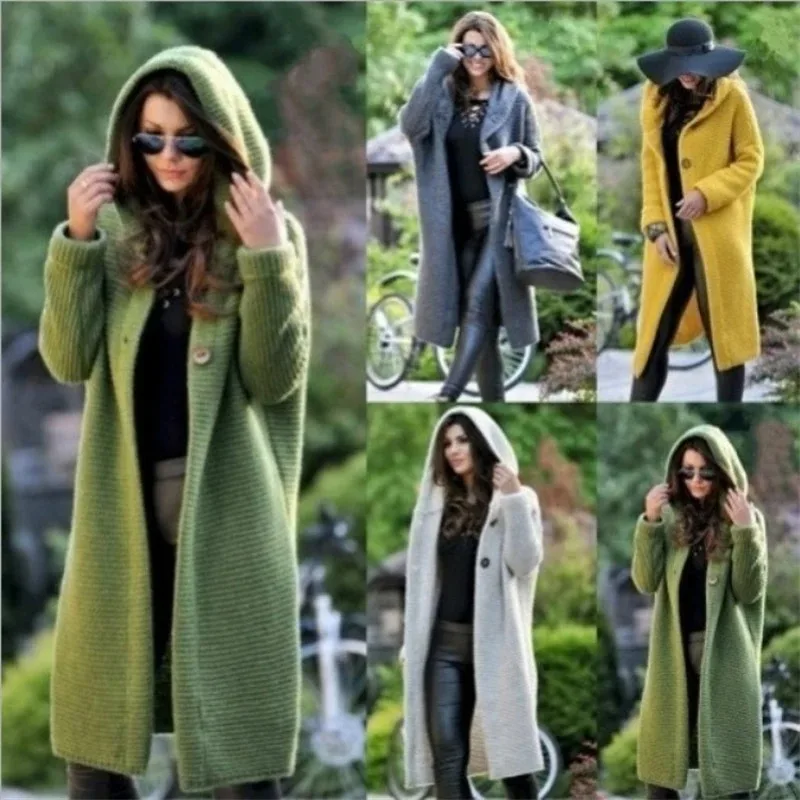 Autumn and Winter New Cardigan Long-sleeved Wool Solid Colour Knitted Long Top Jacket Woman