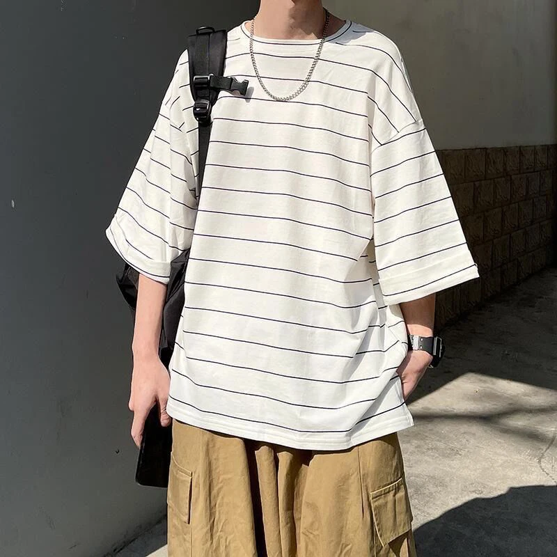 Black White Striped Print Short Sleeve Men T Shirts 2022 Summer New Casual Fashion Split Fork 2xl Oversized Punk Couple Clothes