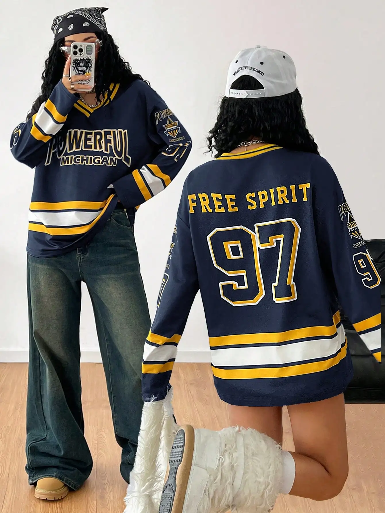 

Женская уличная одежда: джерси с V-образным вырезом и длинными рукавами, с графическим принтом «POWERFUL MICHIGAN» и «FREE SPIRIT 97»