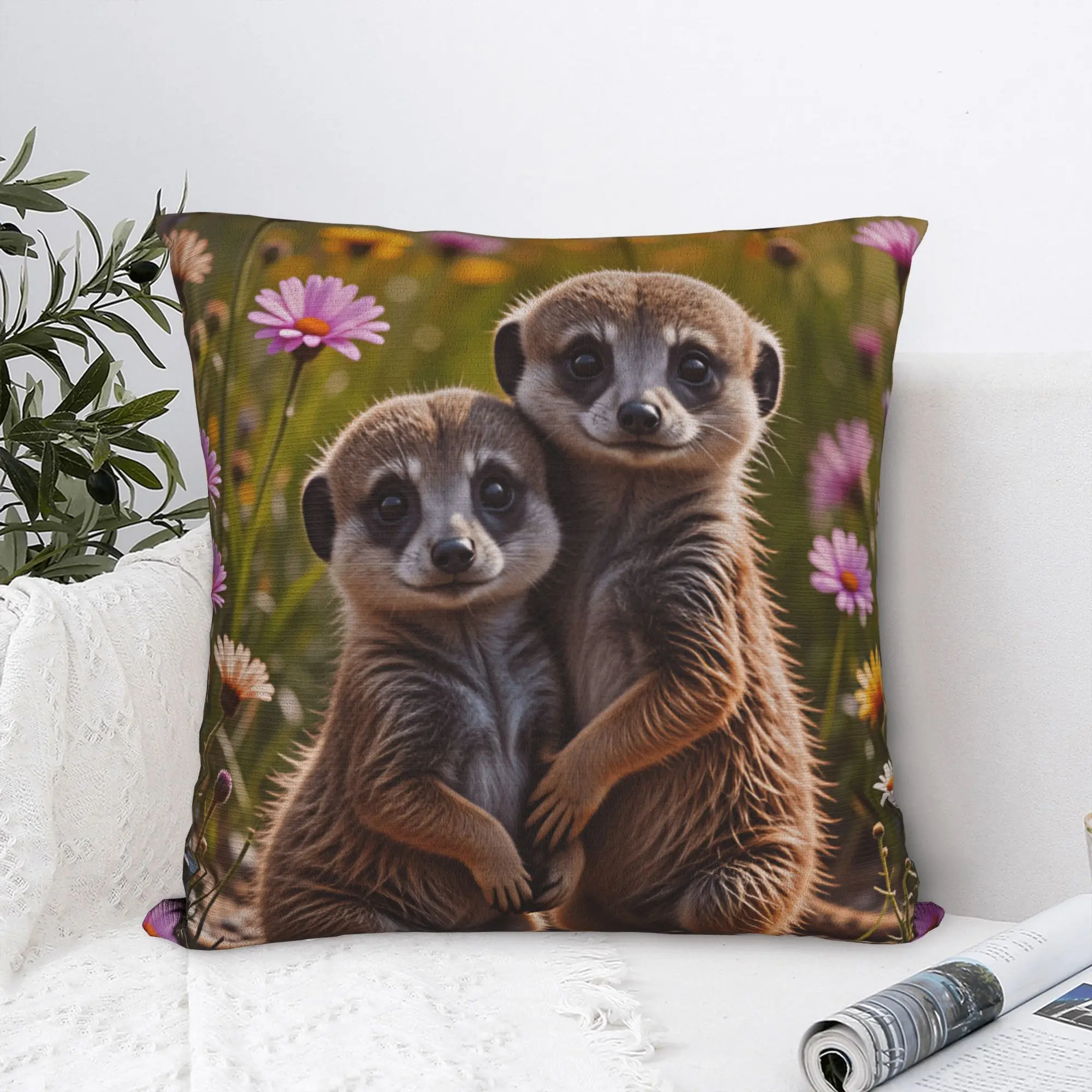 Two Cute Baby Meerkats In Wildflower Field Pillow Case  Vintage Pillow Cover Print Pillowcases For Chair Sofa Home Decor