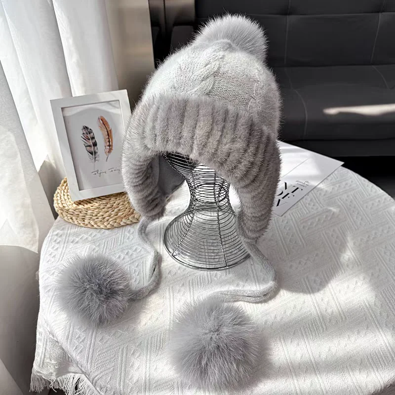Soft Gorgeous Genuine Mink Fur Wool Blender Women Winter Knitted Earflap Hat with Pompoms