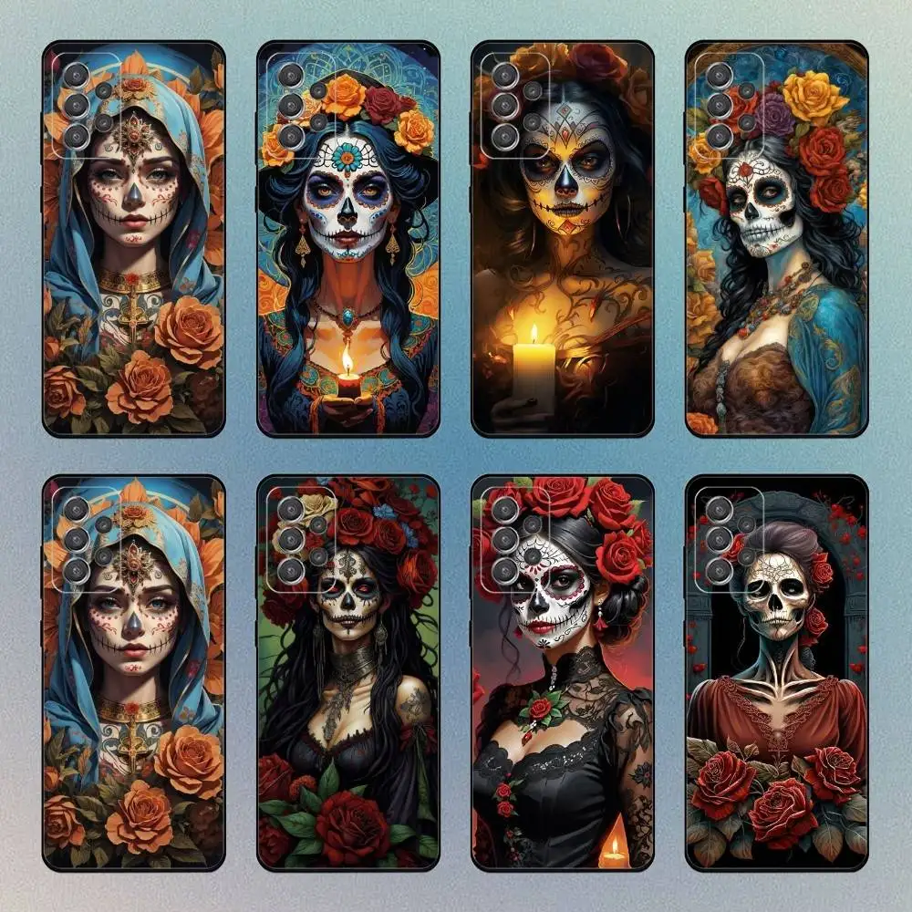 

Day of the Dead Mexican Catrina Skull Phone Case For Samsung Galaxy S25,S24,S21,S22,S23,S30,With Bracket Cover