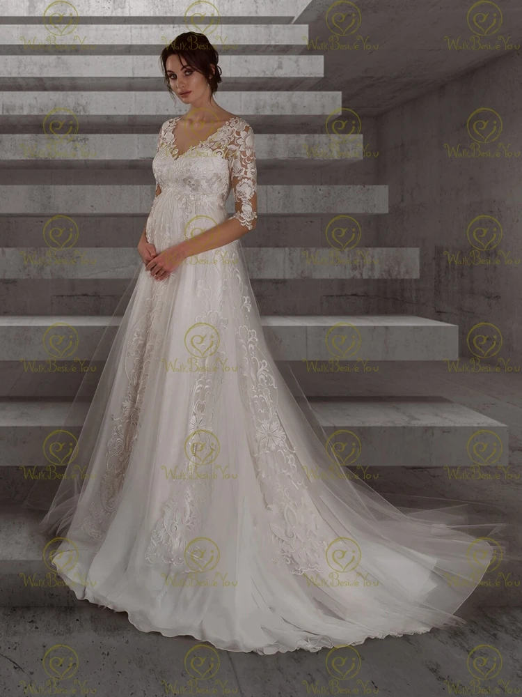 Robe de Mariée en Dentelle et Tulle pour Femme Enceinte, Tenue Élégante, sur Mesure, Manches 2024, 3/4