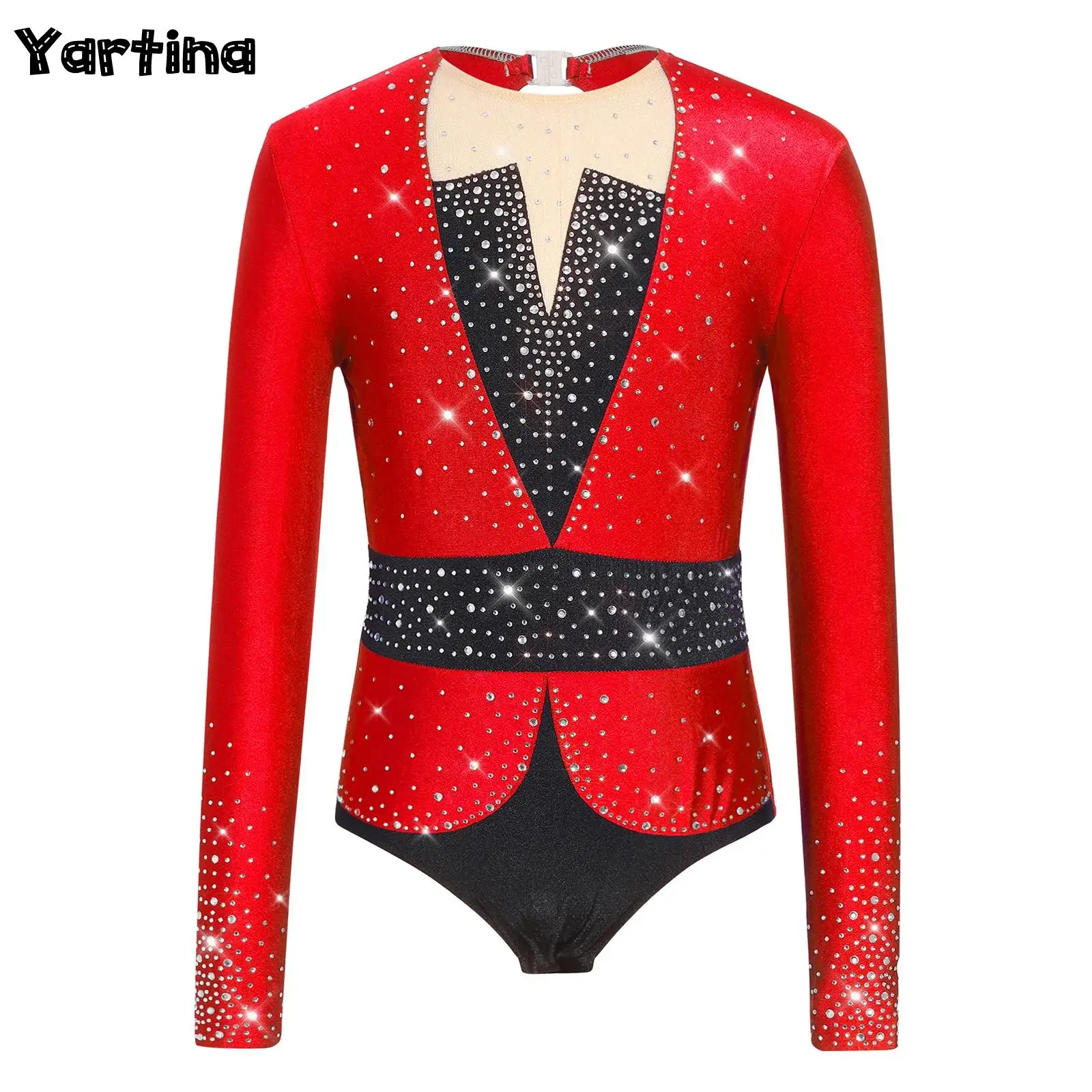 

Детский гимнастический костюм для девочек: гимнастический купальник для фигурного катания и балета с длинным рукавом, блестящими стразами, танцевальный костюм-боди