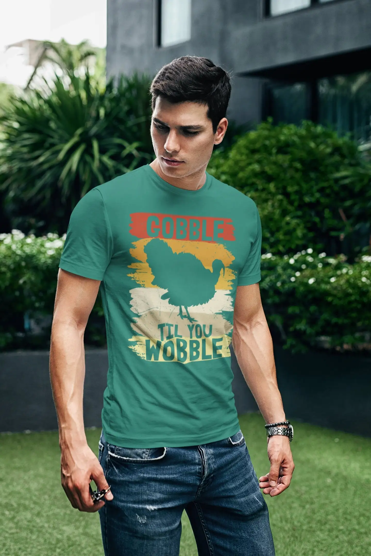 Men's Funny Thanksgiving T Shirt Gobble Til You Wobble Vintage Holiday Soft