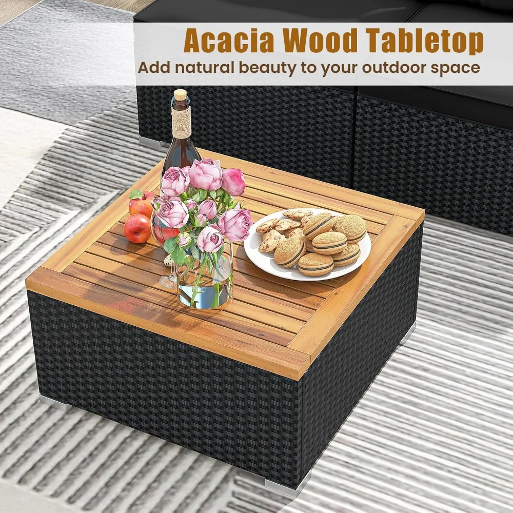 5ピース籐屋外家具 - PEラタンセクショナル会話セット、アームレスソファ4脚、アカシア材コーヒーテーブル、クッション付き