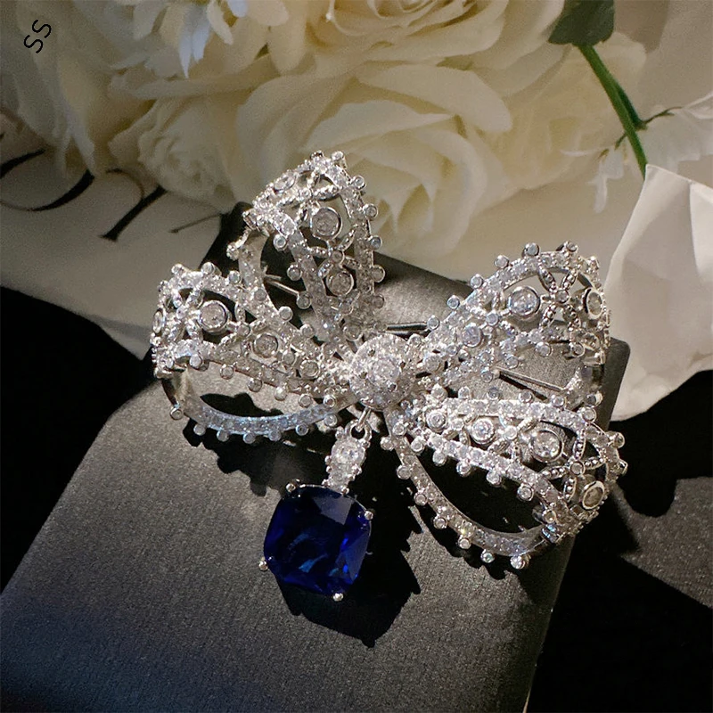 Sapphire Bow Brooch High Quality Bling Blue Gems Zircon Inlaid Fashion Jewelry & Accessories Metal Lace Corsage Pins