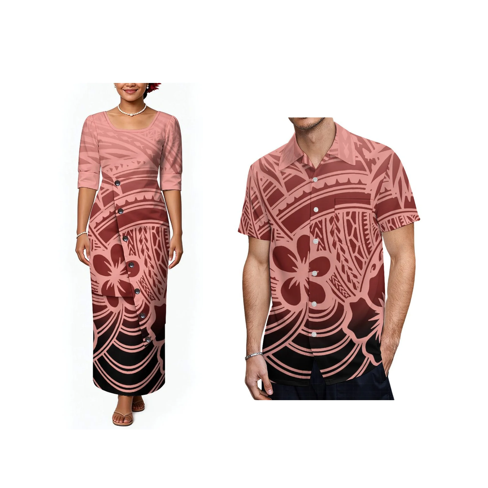 Novo Conjunto de Casal em Alta: Vestido Maxi Feminino com Botões e Estampa Dashiki Azul e Verde, Camisa Masculina de Manga Curta, Roupa Combinada para