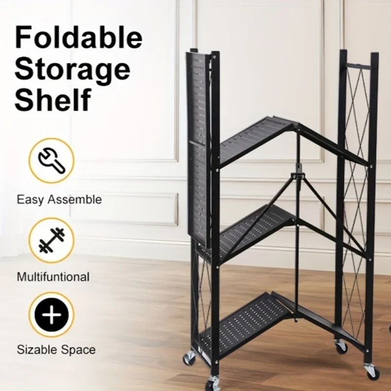 Mobile Folding Storage Rack Kitchen Installation Free High Load Bearing Multi Storage Heavy Duty Metal Painted Grocery Rack