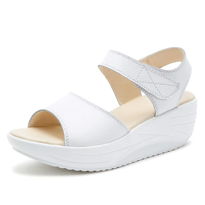 Summer Fashion Women Sandals Flat Platform White Leather Comfort Casual Shoes Lady Sandals Woman