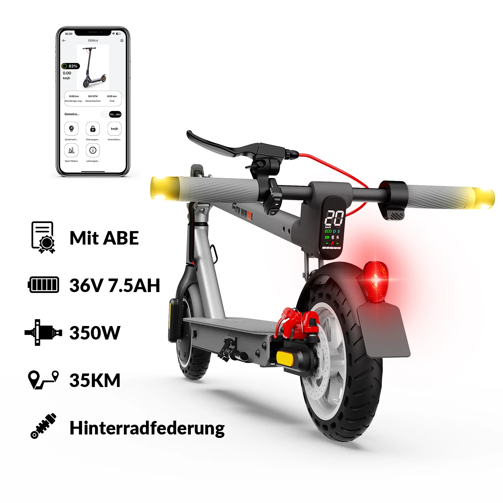 Image of 5TH WHEEL Straßenzugelassener E-Scooter für Erwachsene, Hellgrau, Deutscher ABE-Zertifiziert, App-gesteuert, 20km/h Höchstgeschwindigkeit, 350W Motor, 36V 7,5AH Akku, 120kg Tragfähigkeit