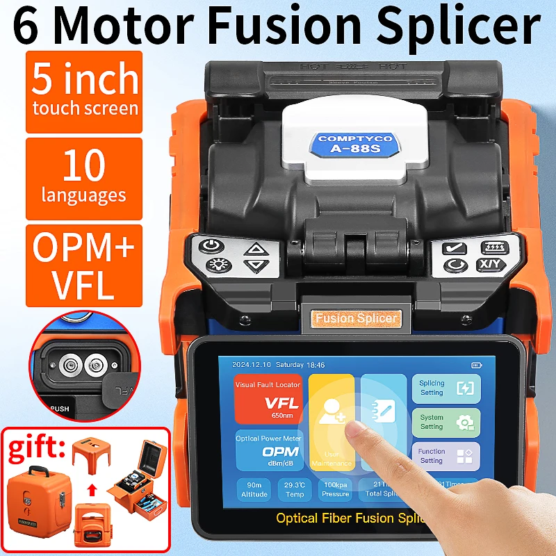 COMPTYCO A-88S Optical Fiber Fusion Splicer Six Motors 10 Languages Touch Screen Fiber Optic Hot Melt Machine Built-in OPM VFL