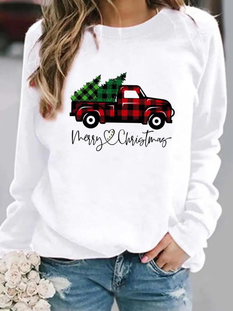 

Christmas New Year Plaid Truck Style Cute Pullovers Women Clothing Ladies Fleece Female O-neck Casual Graphic Sweatshirts