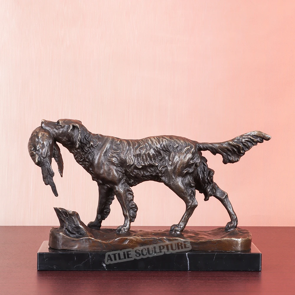 Bronze Dog Hunting Statue Sculpture Animal Art Marble Base Gorgeous Living Room Study Office Decoration