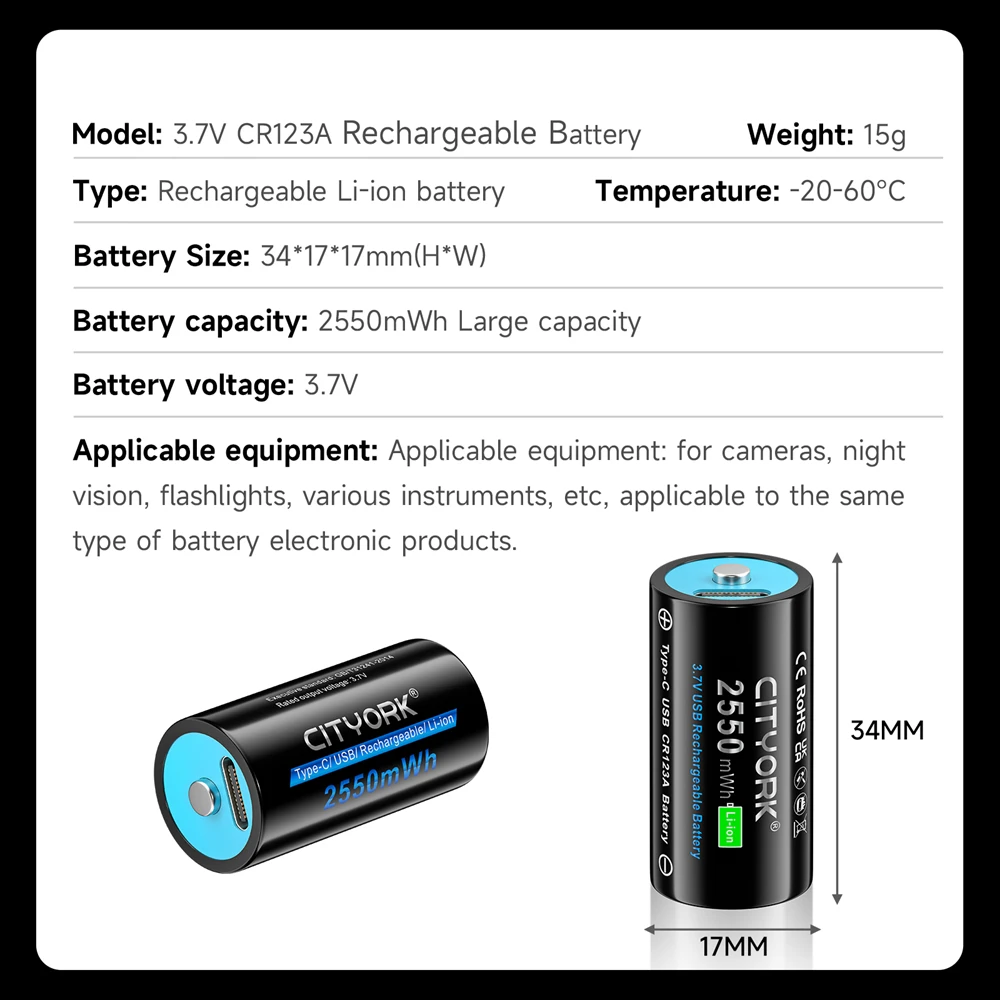 CITYORK 3.7V CR123 CR123A Pin Sạc Loại C USB Sạc 16340 16350 Lithium Li-ion Pin Cho Đèn LED tế Bào
