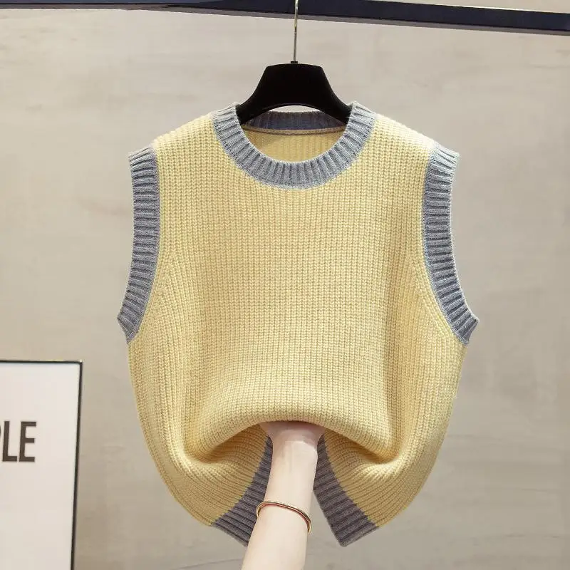 Chaleco de punto con cuello redondo para mujer, Jersey holgado sin mangas, con capas de Color, primavera y otoño, novedad de 2024