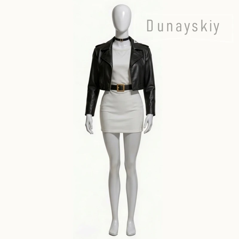 Yamada Tayama Cosplay Costume Wig Behind The Supermarket Smoking With You Black Leather Jacket White Mini Dress Mini Dress Black view 2