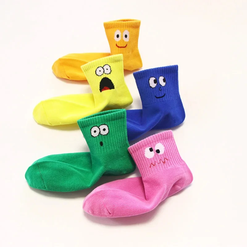 Chaussettes confortables et respirantes pour enfants, motif d'émoticônes de visage drôles, chaussettes mignonnes pour garçons et filles, 5 paires