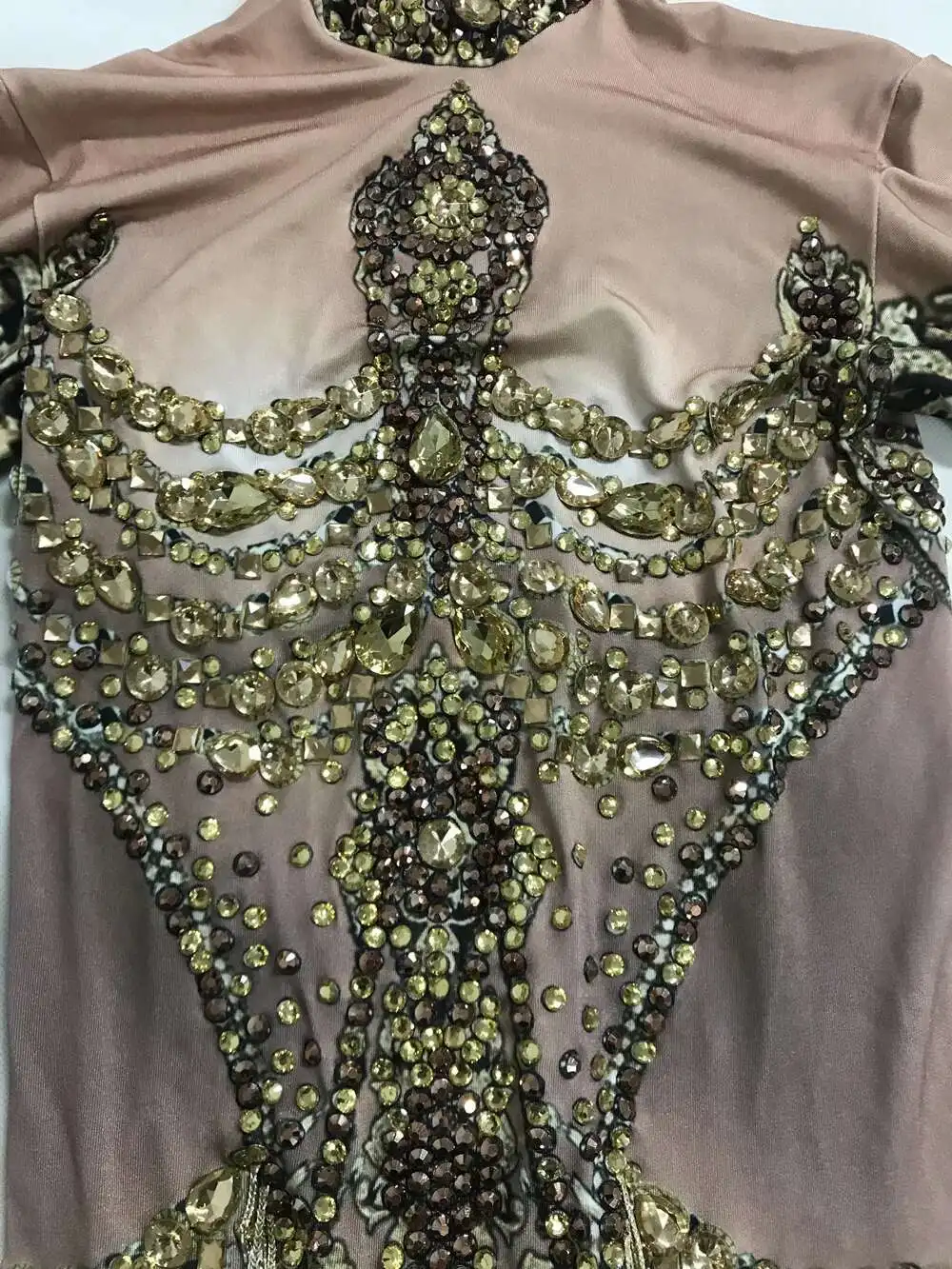 Gold Rhinestone Bodysuits Women Fringe Birthday Party Shinning Long Sleeve Tassel Dancer Gogo DJ Sparkle Drag Queen Stage Wear