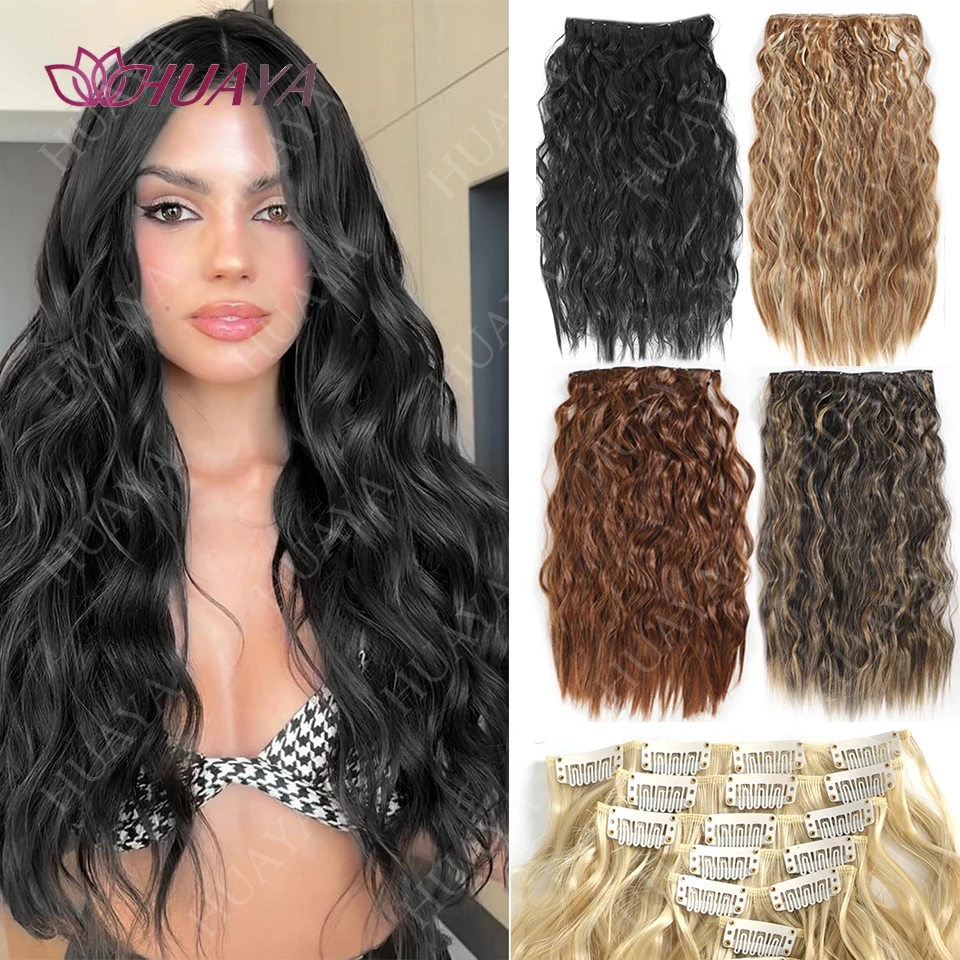 

Synthetic Clip in Hair Extensions for Women Natural Black Brown 22Inch 7PCS Hairpieces Long Wavy soft Thick Hair Extensions clip