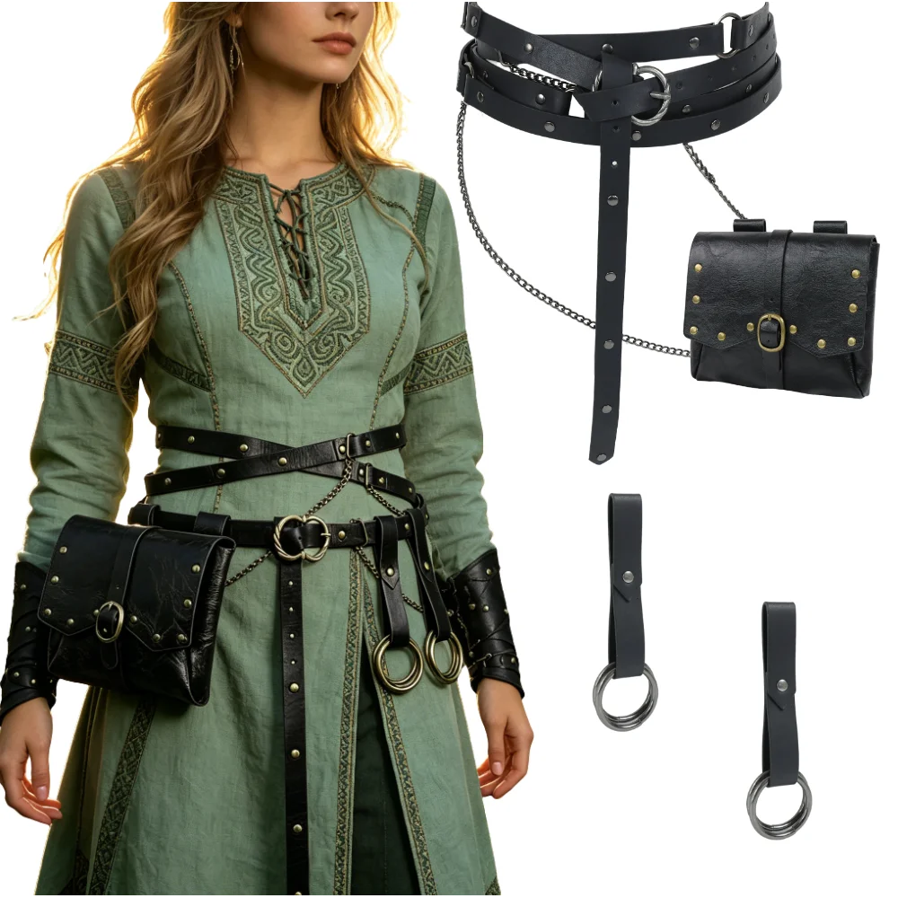 1PC/4PCS Medieval PU Leather Waist Bag Viking Multi-Layer Belt Hiking Skirt Clip Retro Halloween Costume Prop for Men
