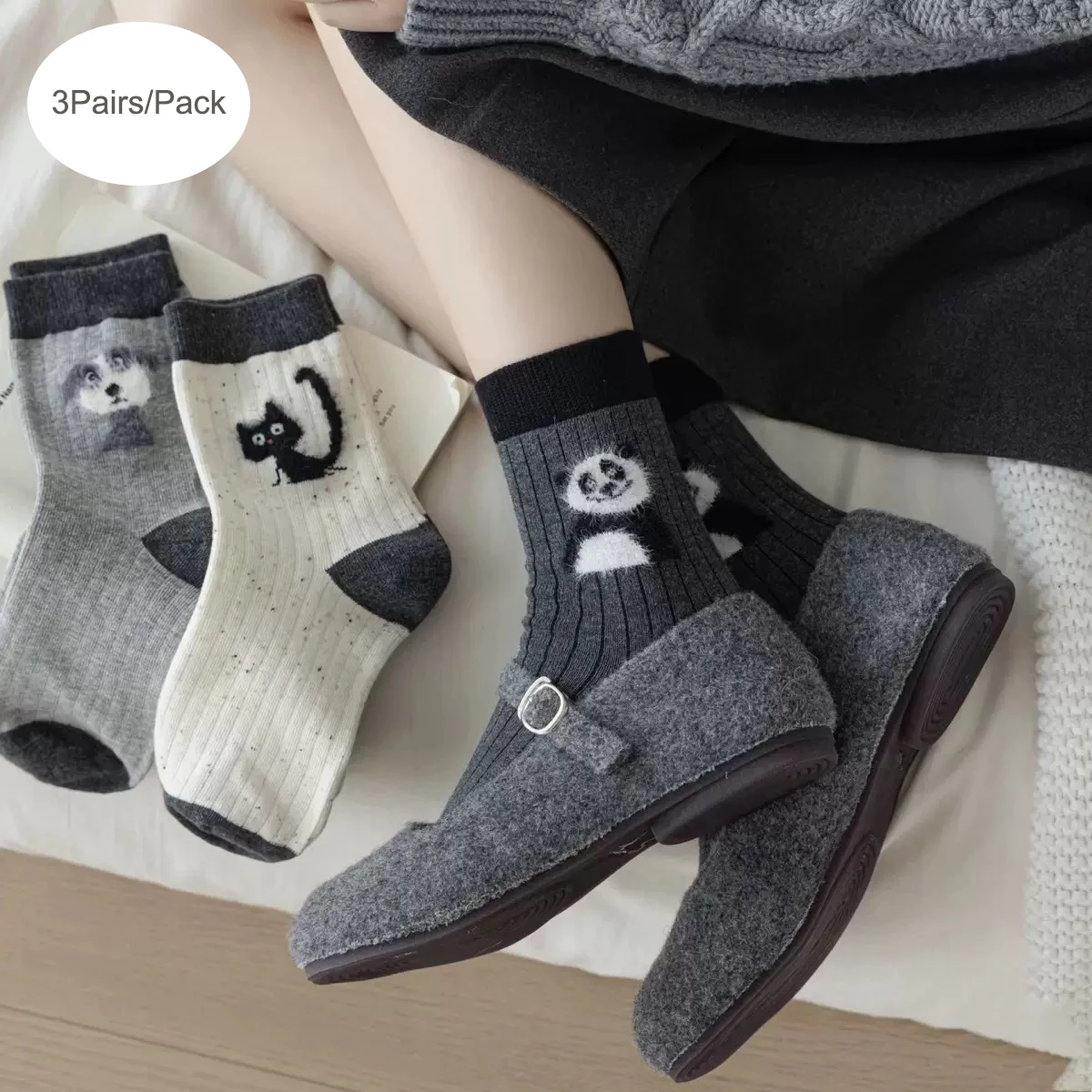 3 Pairs/Pack Women's Autumn Cute Cartoon Animal Japanese Kawaii Funny Socks Color Matching Knitted Cotton Mid-Calf Socks