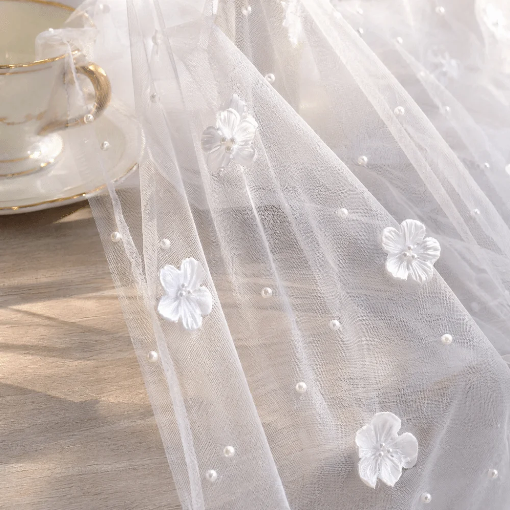 Hollow-out Pearl Tulle Table Runner 200x80cm Semi Transparent Tulle Gauze Table Cloth Floral Pearl Tulle Fabric‌ DIY Table Cover