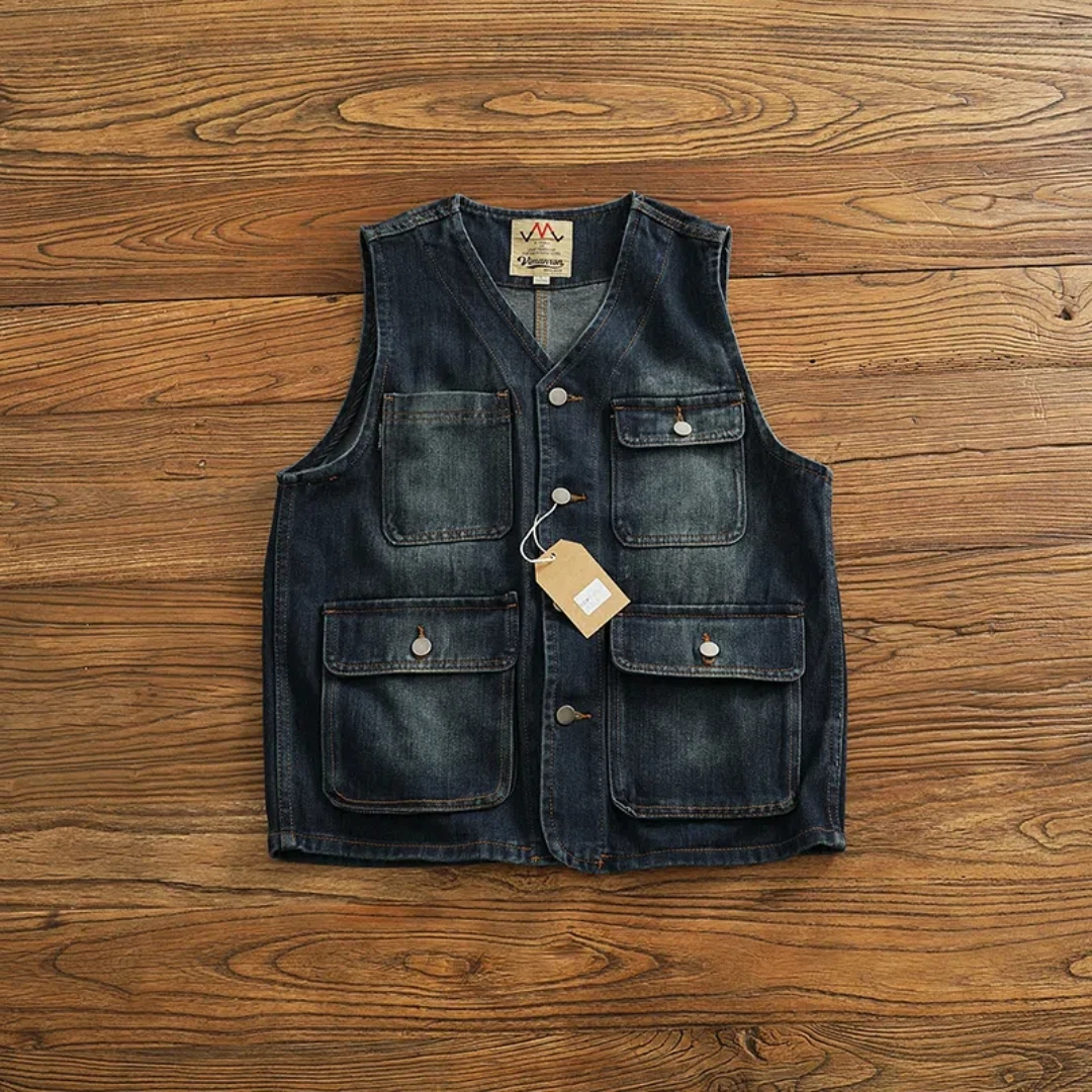 

Casual vintage washed tooling multi-pocket denim waistcoat Men's trend loose sleeveless vest