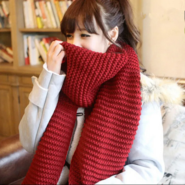 195*30cm Scarf Autumn and Winter Knitted Warm Thickened Unisex Wool Solid Color Monochrome Big Red Scarf