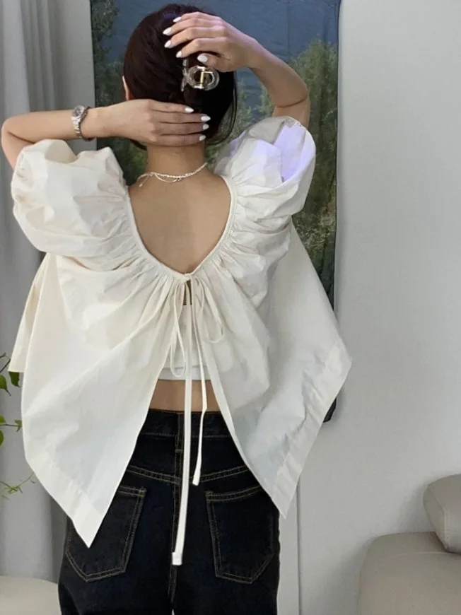 

Korean Style Short Sleeve Shirt Women's Double Sided Wear Pleated Tie Design Simple Summer Top Unique Beautiful Fashion