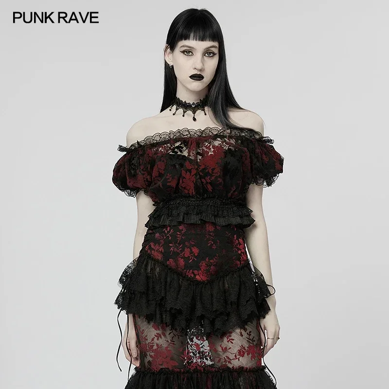 

PUNK RAVE Women's Gothic Lace Edges Flocking Mesh T-shirt Sexy & Elegant Slim Tops Women Clothes Spring Summer 2 Colors