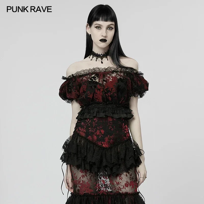 PUNK RAVE Women's Gothic Lace Edges Flocking Mesh T-shirt Sexy & Elegant Slim Tops Women Clothes Spring Summer 2 Colors