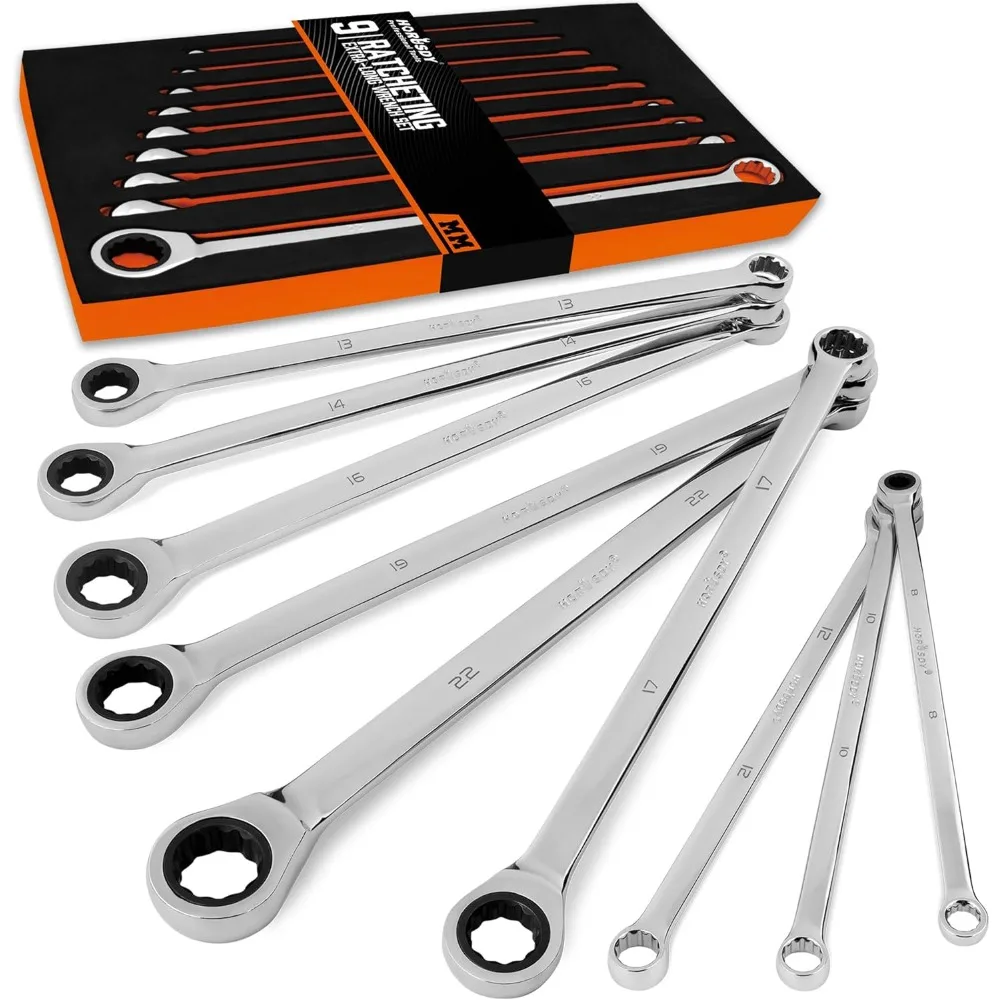 

Extra Long Ratcheting Wrench Set, 8-22MM Double Box End, 9-Piece Metric CR-V Steel, with EVA Foam Tool Organizer