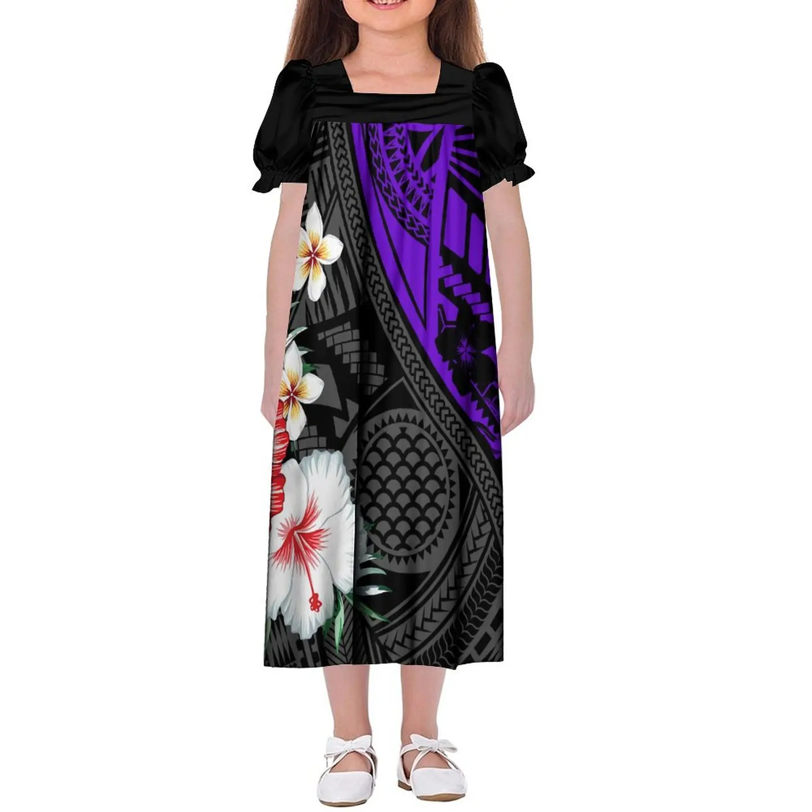 2024 Pacific Island Clothing Custom Mumu Girls Dress Samoa Club Kids Puff-Sleeve Dress Muumuu Mini Dress