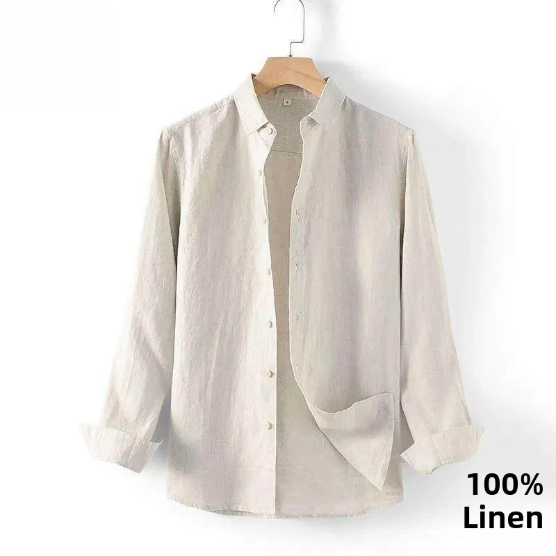 

Linen Cotton Blend Men's Casual Shirt Thin Loose Fit Spring Autumn Fashionable Top PU Leather Standard Fit Collar Citywalk