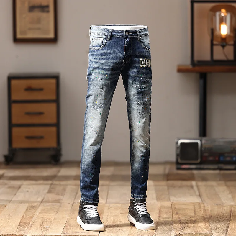 Retro Nostalgic Jeans Men\'s Ripped Embroidered Design Casual All-Matching Slim Fit Skinny Fashion Street Motorcycle Pants