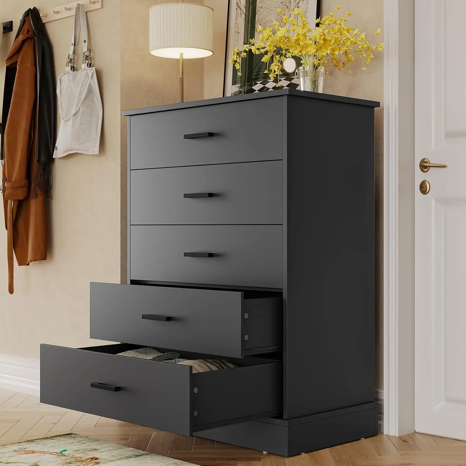 Black Dresser for Bedroom, 5 Drawer Dresser with Sturdy Base, Wooden Large Capacity Storage Cabinet, Tall Chest of 5 Drawers