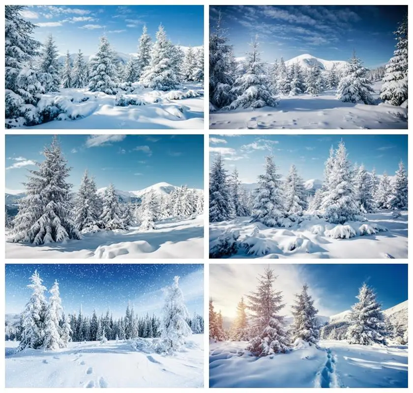 Laeacco Winter Snow Forest Backdrop White Xmas Trees Wintry Alps Scene Christmas New Year Party Portrait Photography Background