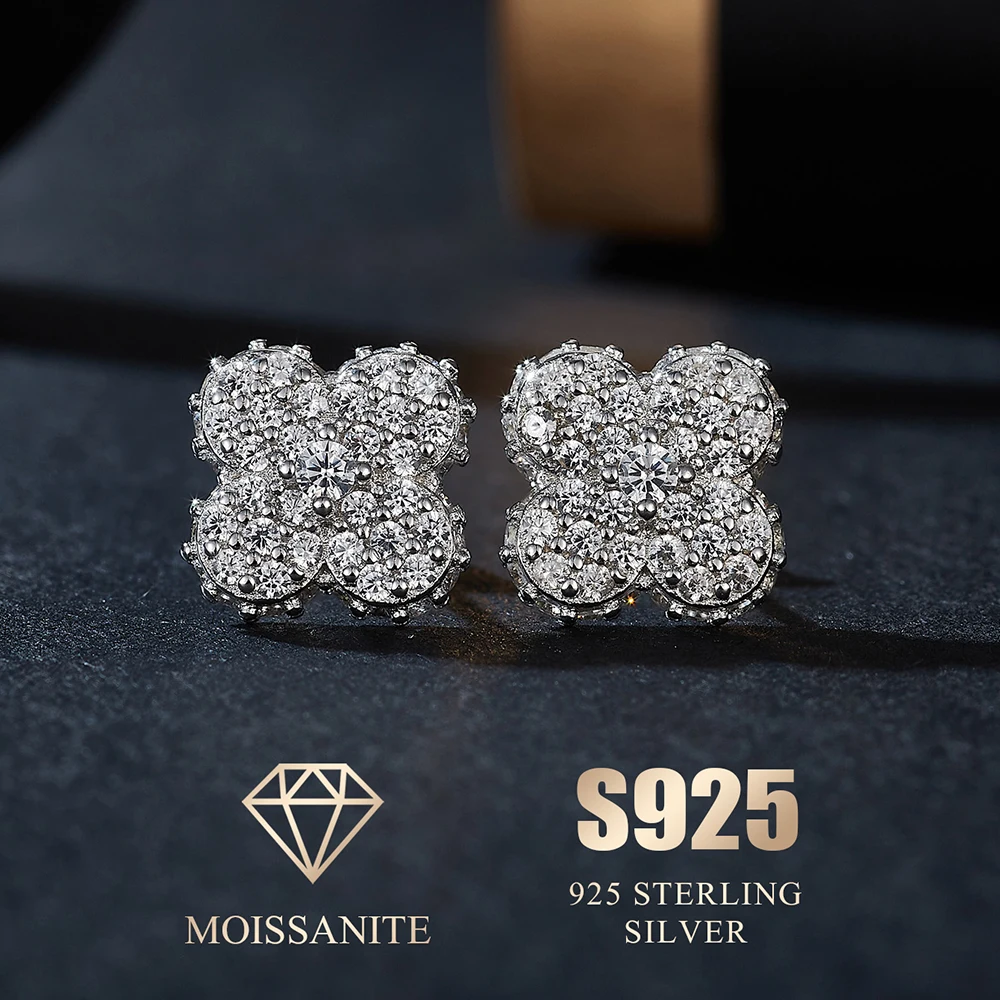 

Серьги-гвоздики с цветком, четыре клевера, счастливые серьги для женщин, стерлинговое серебро 925 пробы, муассанит с сертификатом Gra