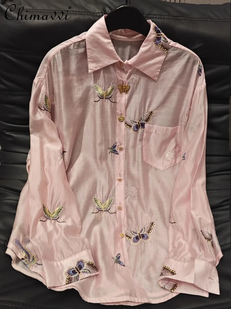 2025 Summer New Heavy Industry Embroidery Butterfly Loose Fashion Versatile Casual Style Sunscreen Shirt Long Sleeve For Women