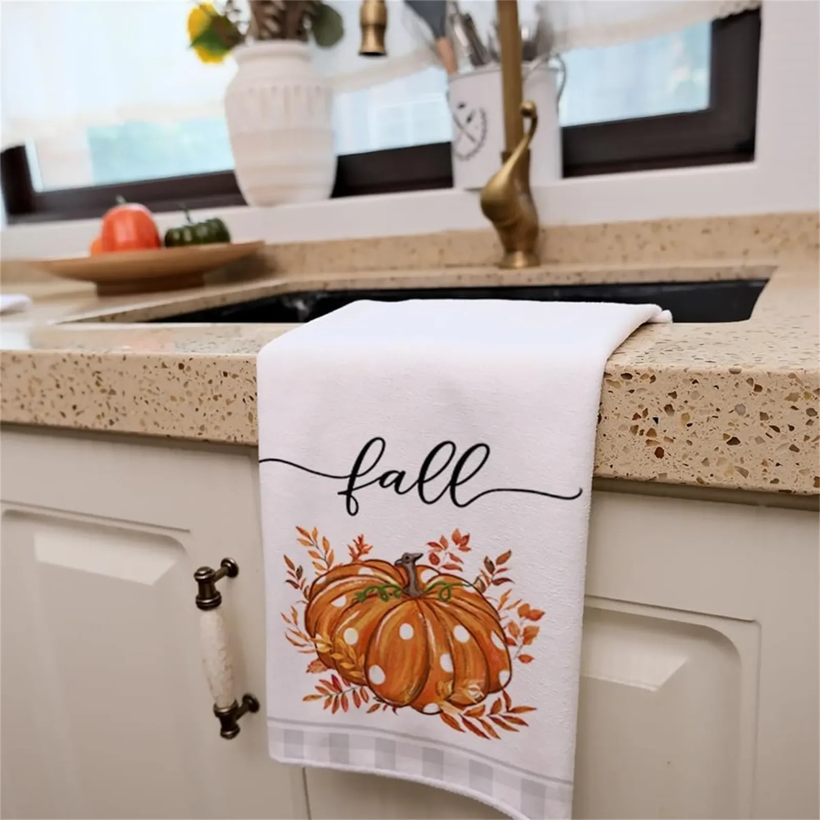 

2PCS New Fall Kitchen Towels Set Of 2 Halloween Print Check Towels Drying Dishcloth Seasonal Hand Towels Thanksgiving Decor Ḁ