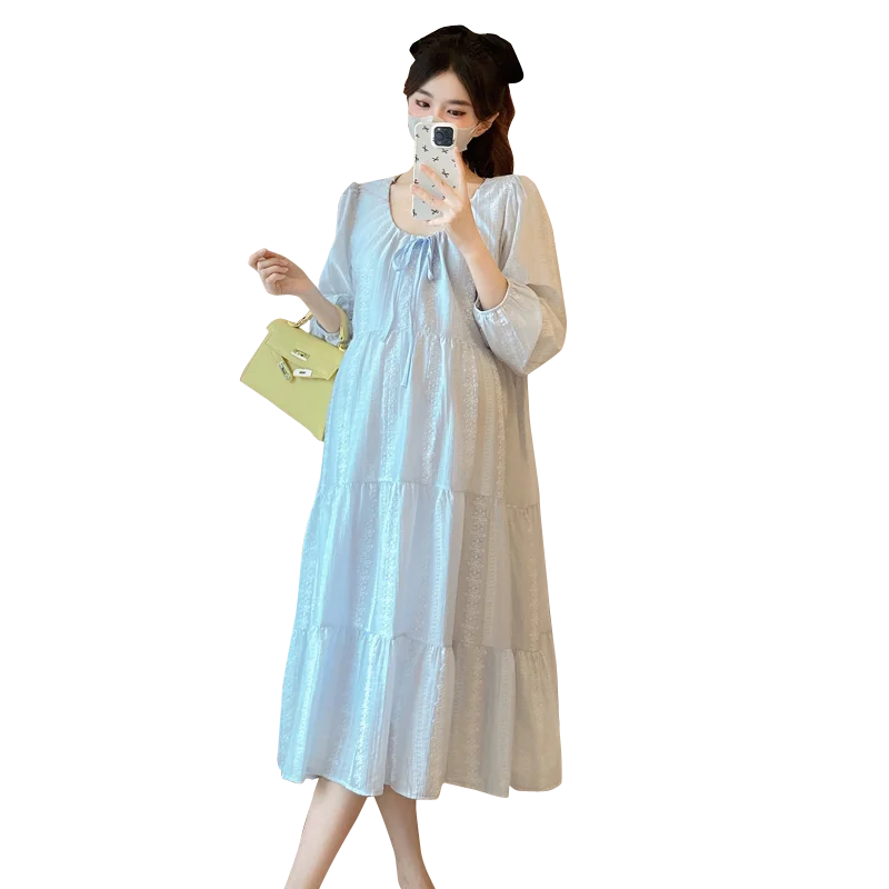 Korean Style Maternity Autumn Dress Long Sleeve O-neck Pregnant Woman Ball Gown Dress Blue Midi Dresses