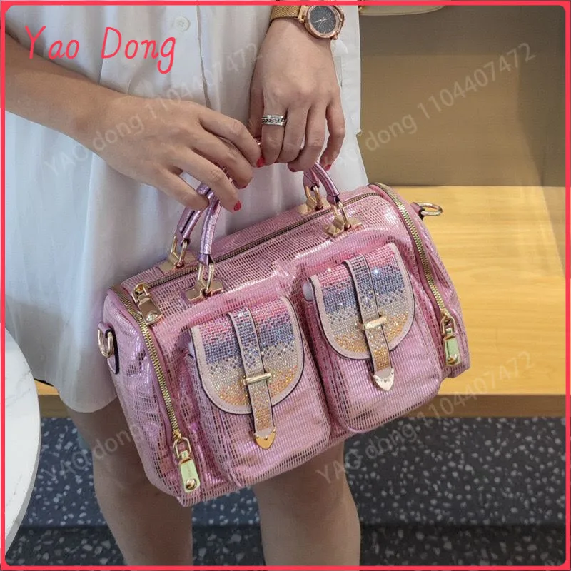 Yao Dong 2024 New pink sequins Women Fashion Mesh Rhinestone Messenger Bag Lady Casual Shiny Office Pockets Handbag