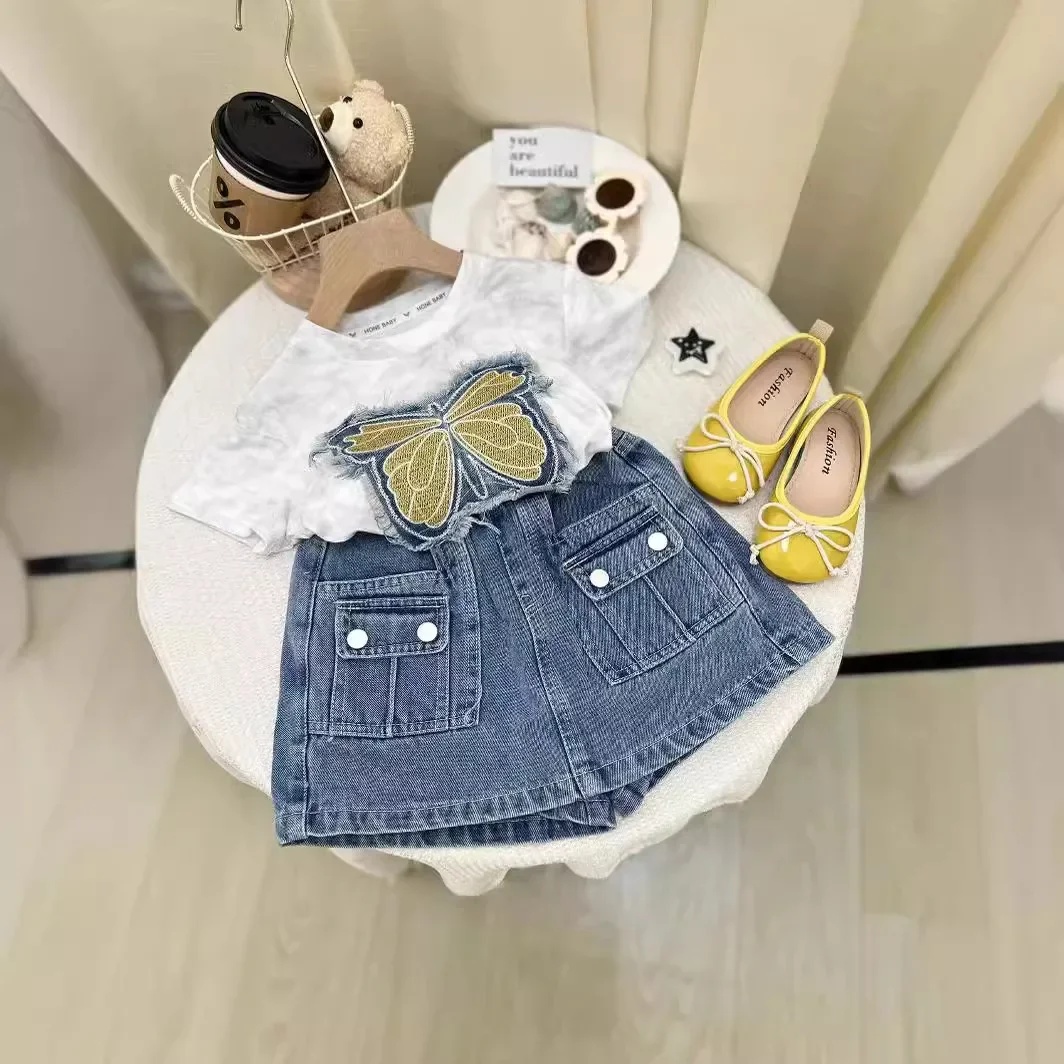 

Children's Clothing Sets Butterfly Embroidery Short Sleeve Top + Denim Culottes Baby Outfit Set Girls Clothes for 3 To 7 Years