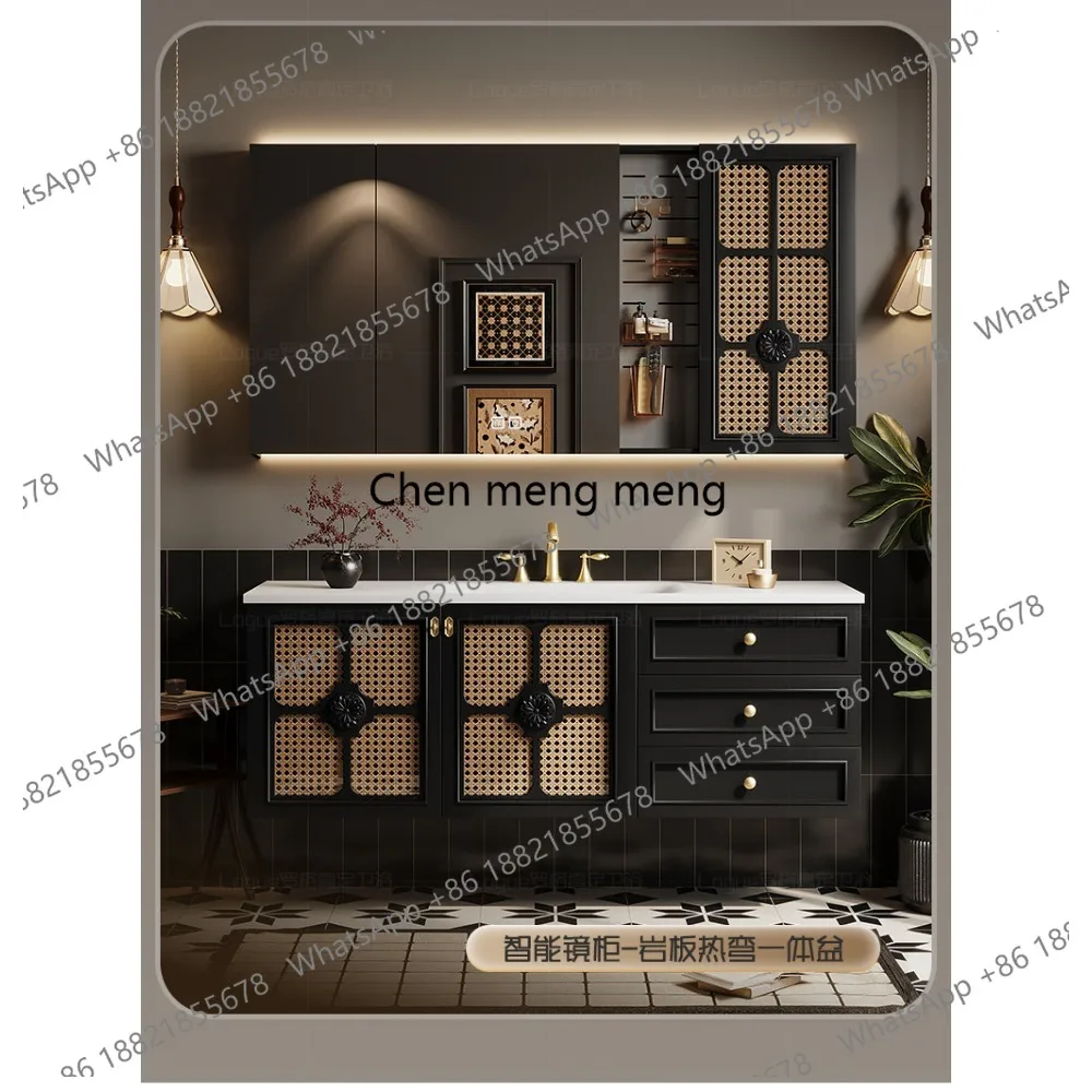 

Oak French rattan retro bathroom cabinet combination washbasin cabinet luxury stone customization