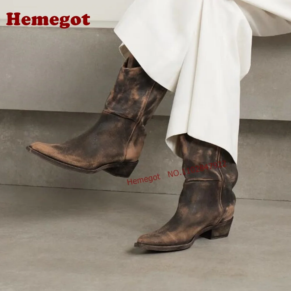 Distressed Washed Leather Slouchy Knee High Cowboy Boots Pointed Snip Toe Stacked Block Heel Western Fold Shaft Tall Riding Boot