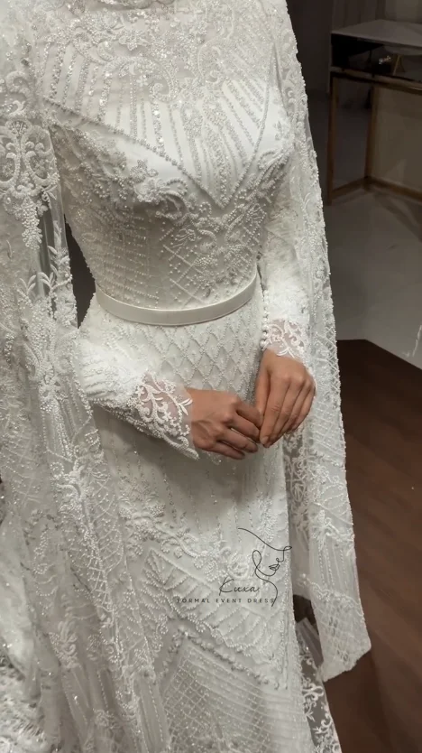 KUXA Customized Luxury Elegant Muslim Wedding Dresses A-Line Floor-Length Beading Full Sleeves Bridal Gowns Robe De Mariée 2026